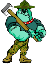 Cartoon image of a green dog holding a large hammer.